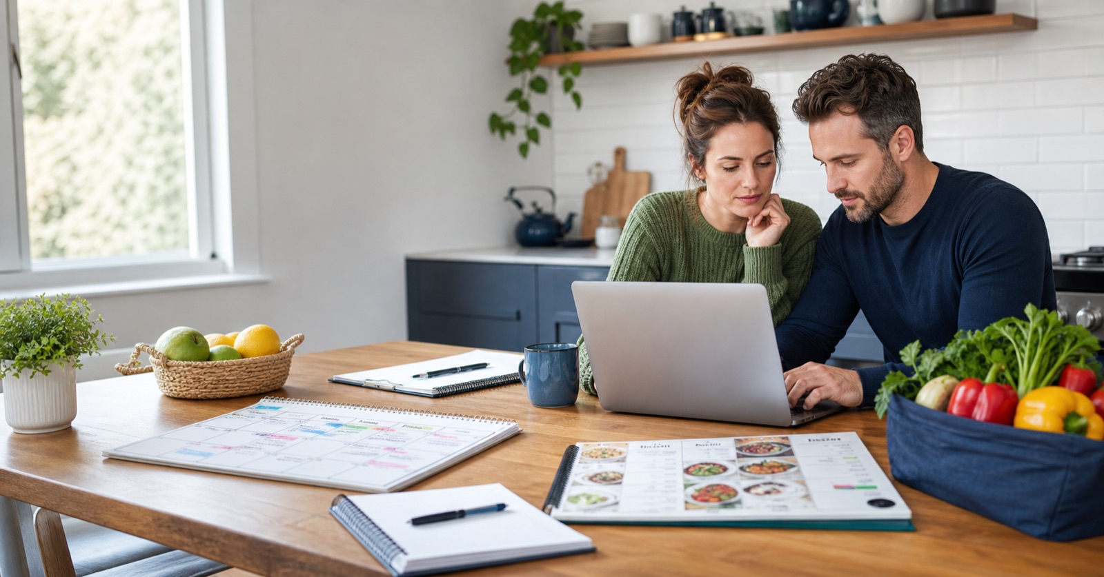 A couple reviewing their household plan together in the kitchen